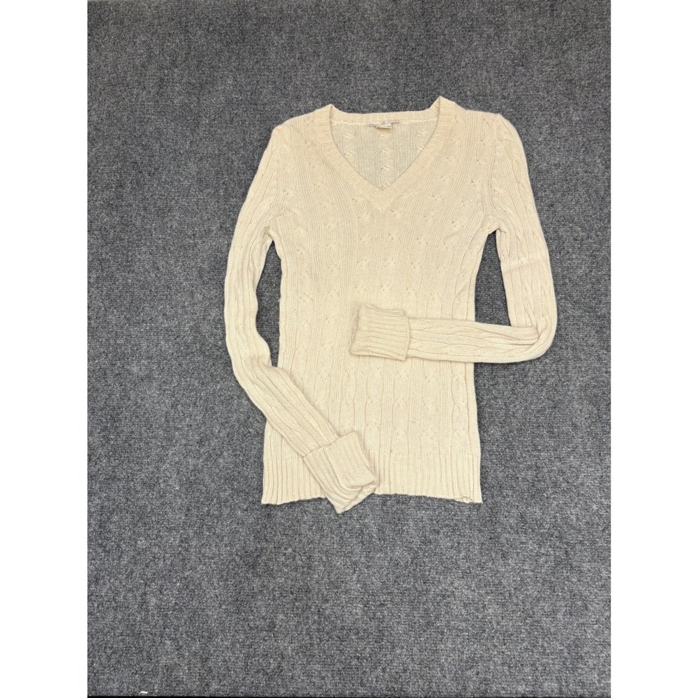 Evelyn Grace Cashmere Sweater Women Small Cream Cable Knit V-Neck Long Sleeve